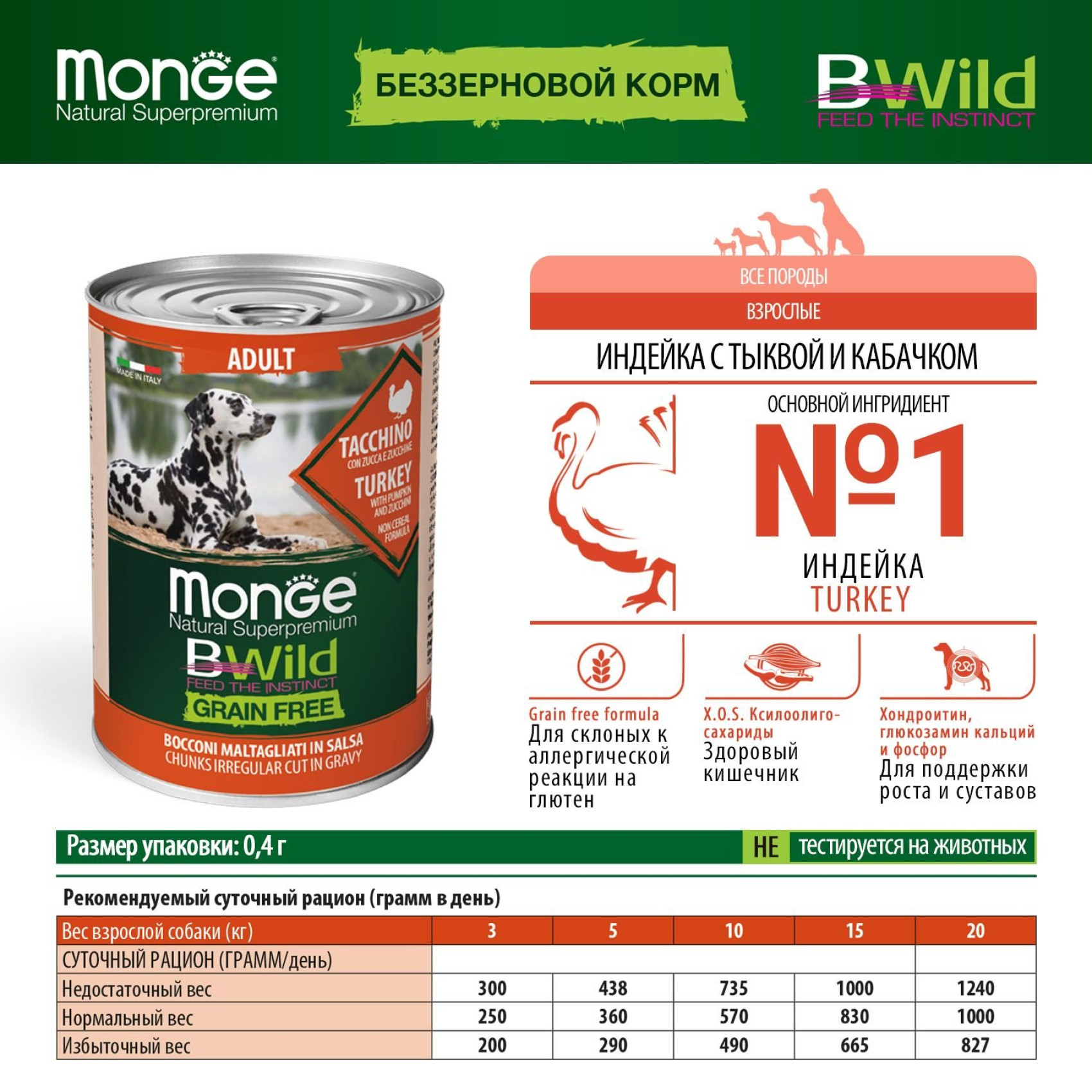 Консерва для собак Monge Dog Bwild Grain Free Adult Индейка тыква цуккини 400г
