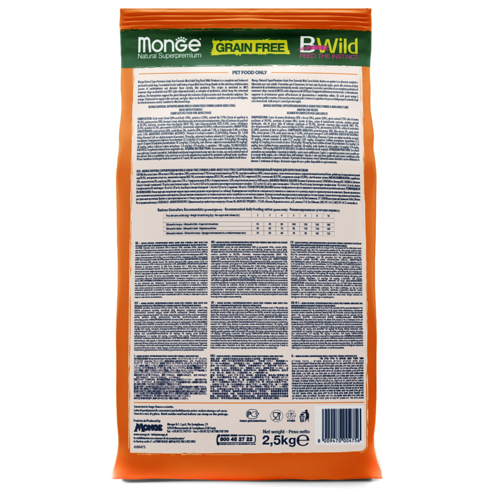 Сухой корм для собак Monge Dog Bwild Grain Free Mini Утка 2.5 кг