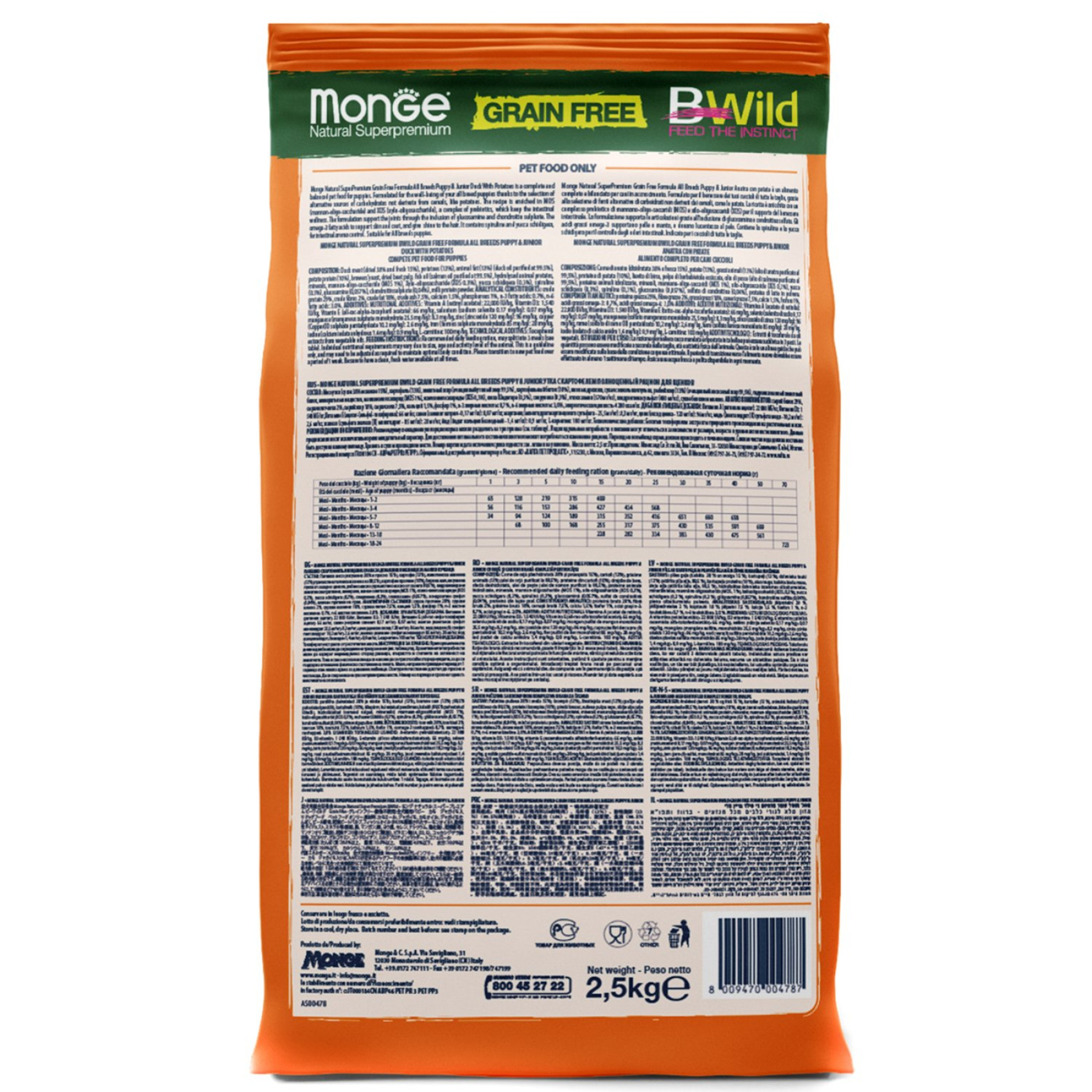Сухой корм для собак Monge Dog Bwild Grain Free Puppy & Junior Утка 15 кг