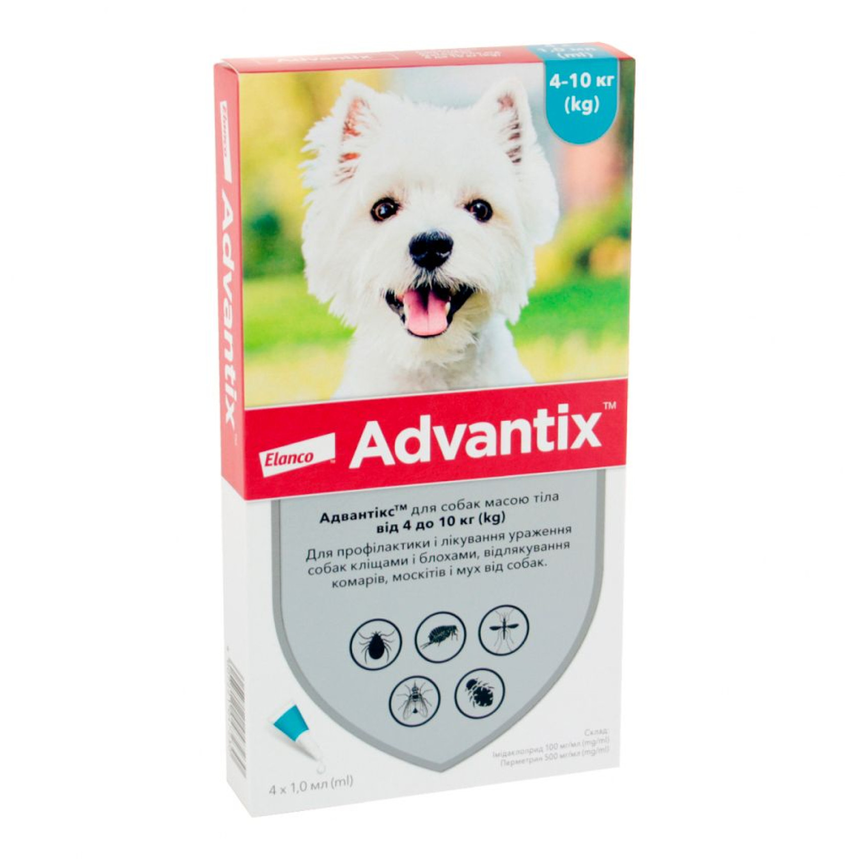 Краплі на холку для собак Elanco Bayer Advantix від 4 до 10 кг, 4 шт