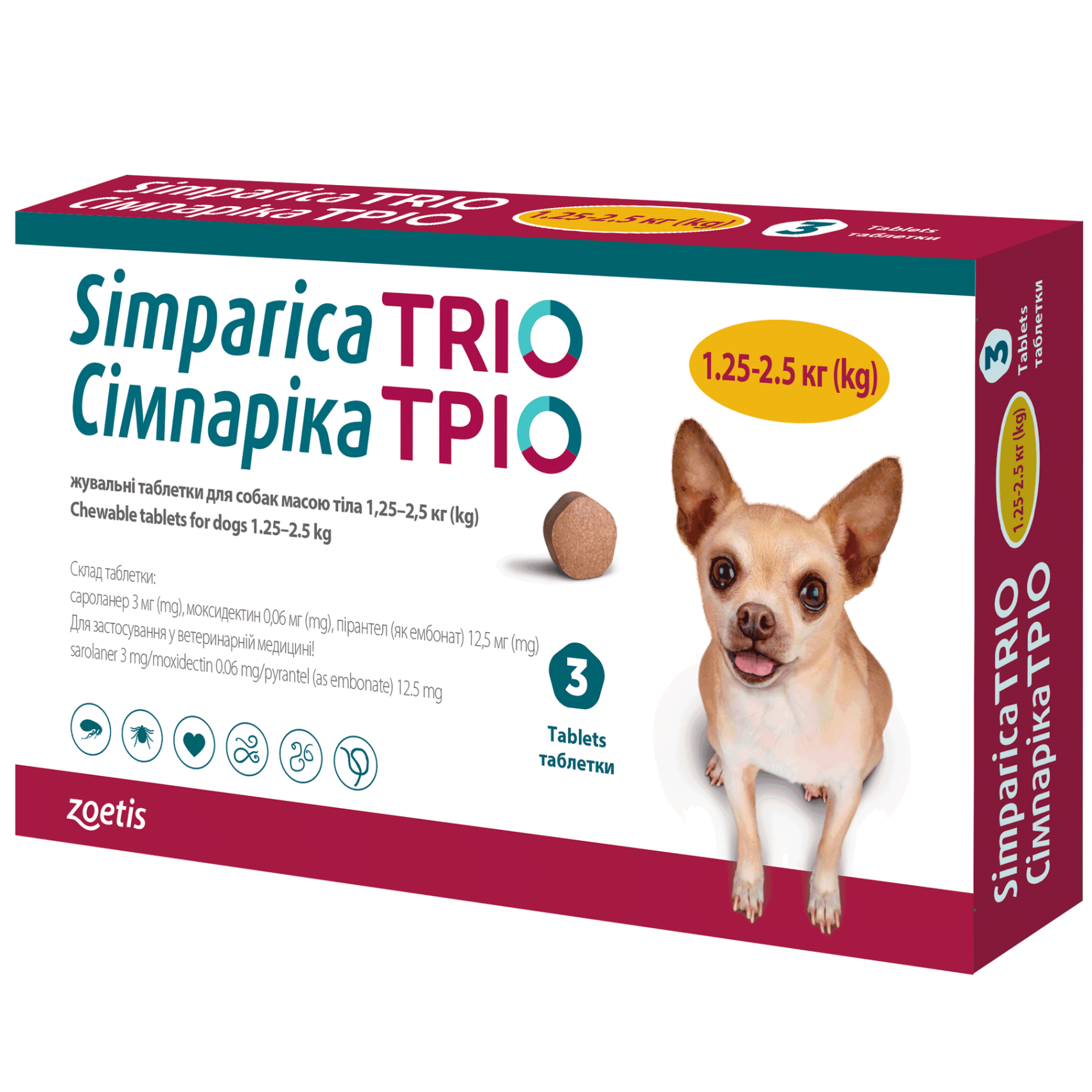 Таблетки для собак Zoetis Сімпаріка ТРІО від 1,25 до 2,5 кг, 3 шт