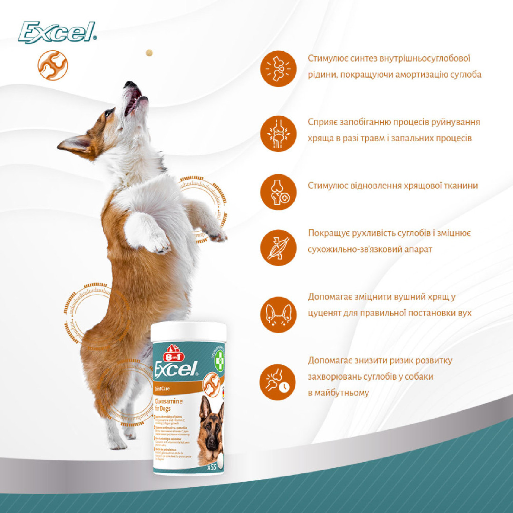 Витамины 8in1 Excel Glucosamine для щенков и взрослых собак 55 таблеток (для суставов)