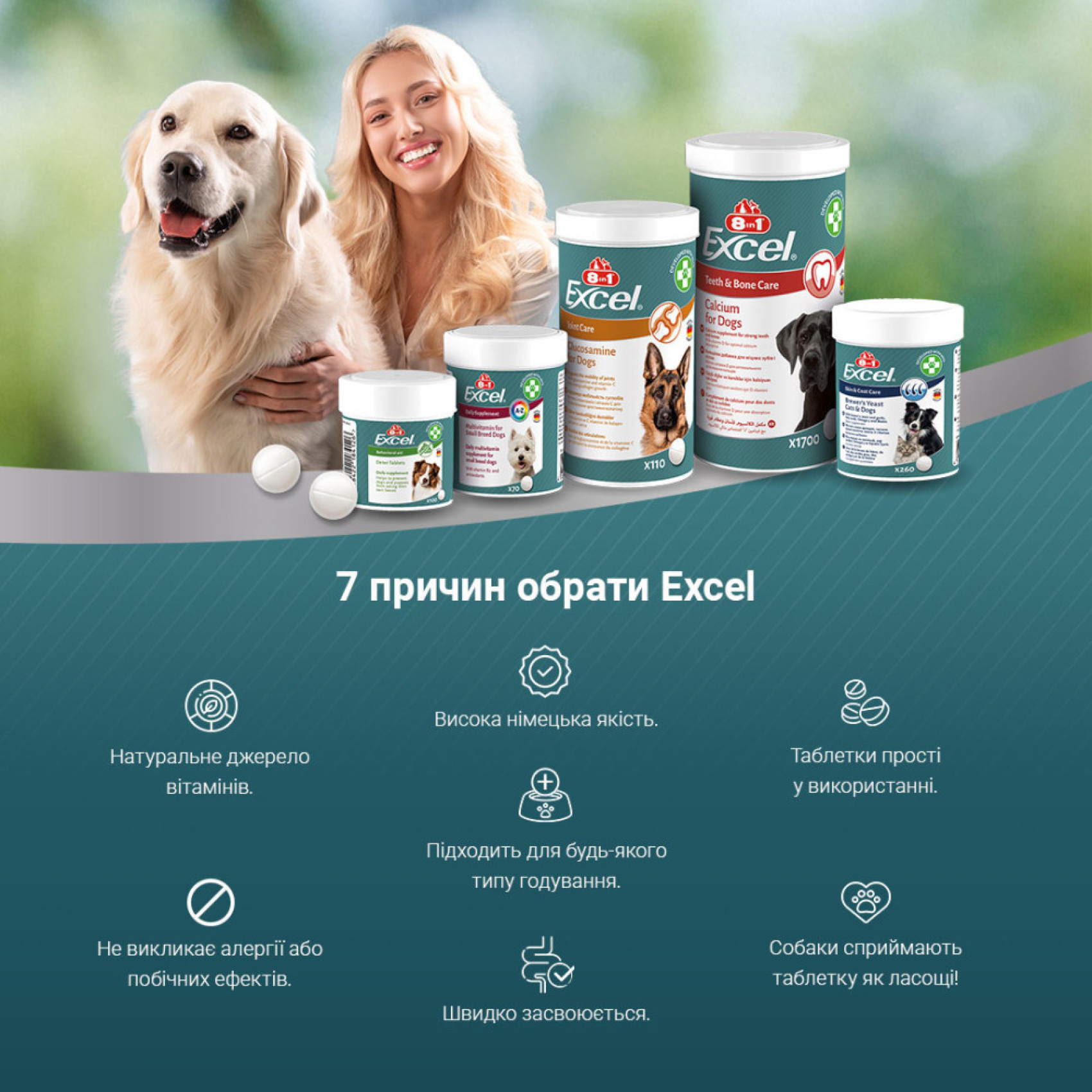 Витамины 8in1 Excel Glucosamine для щенков и взрослых собак 55 таблеток (для суставов)