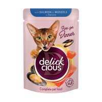 Влажный корм для кошек Delickcious 85 г - лосось и мидии 12 шт